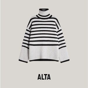 OAK + FORT Black and White Striped Turtleneck/Cowlneck Sweater